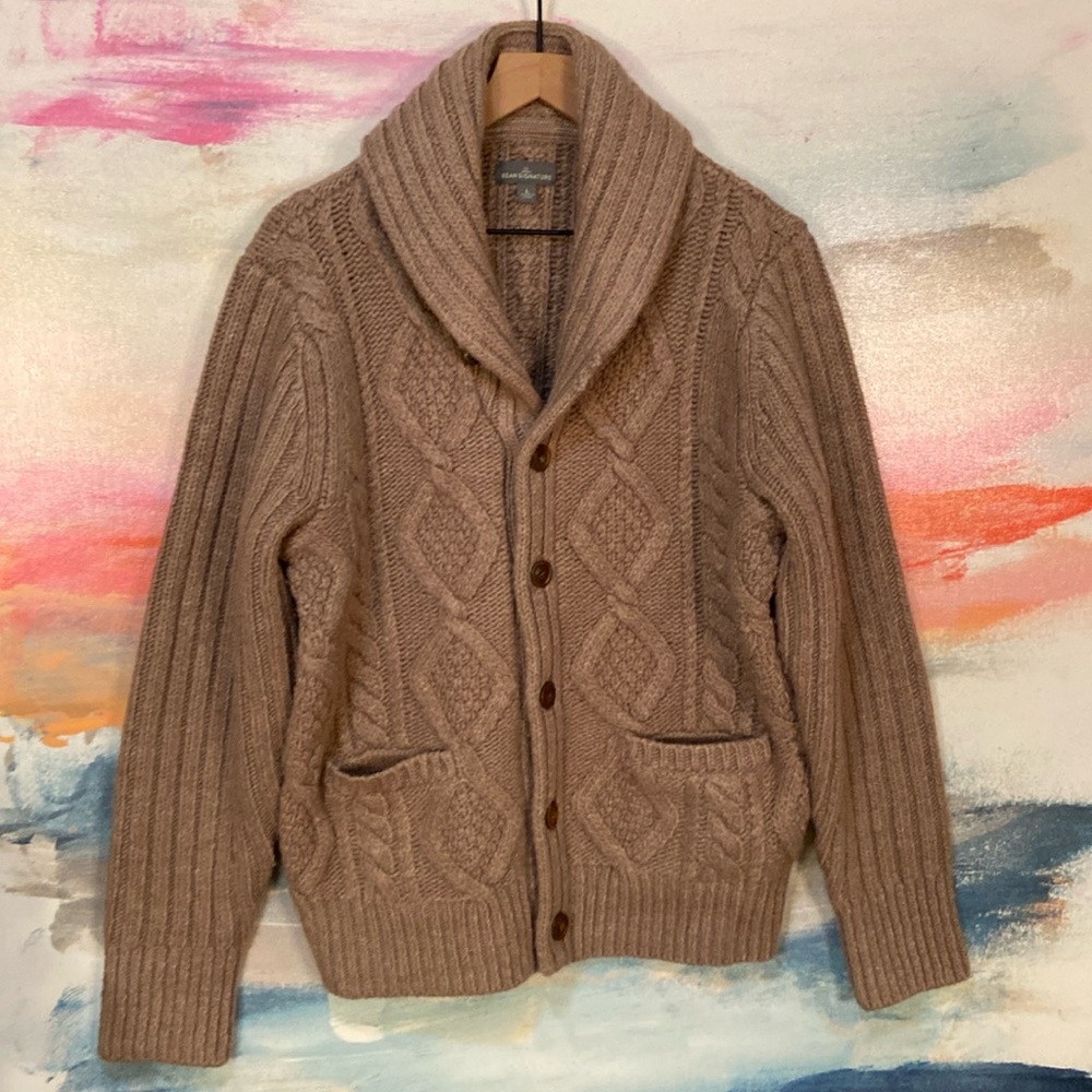🔥EC🔥L.L. Bean Signature Wool/Linen Blend Shawl Collar Cable Knit Cardigan.
